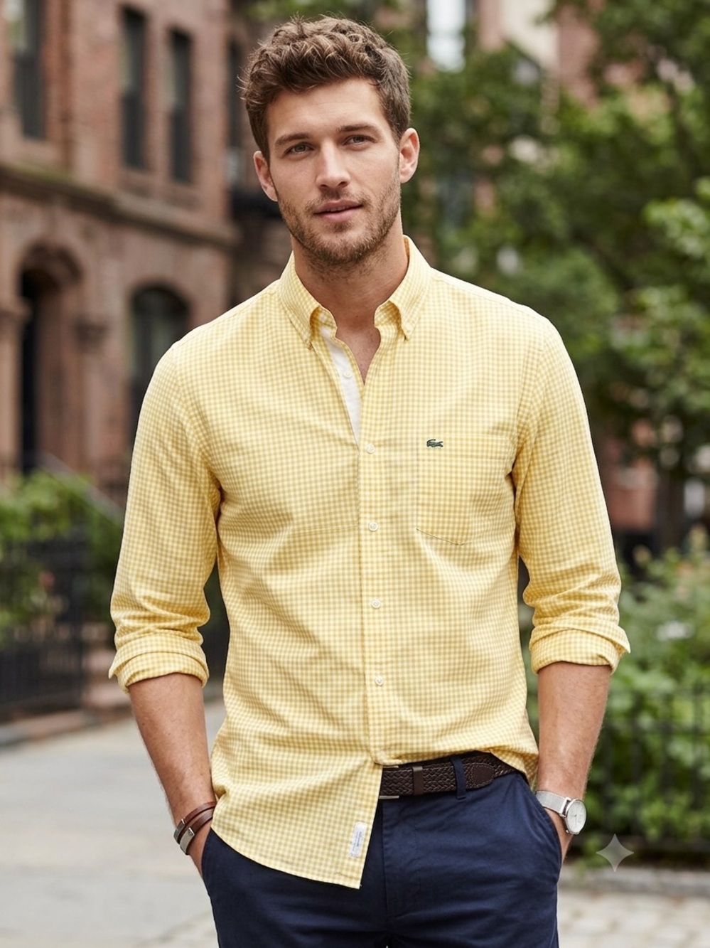 Lacoste Regular Fit Button-Down Long Sleeve Yellow Check Shirt Size 42 US L